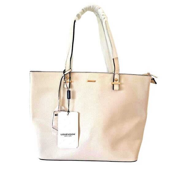Lovevook Tote bag Womens Beige Leather Logo Double Top Handles Zip Closure New - Picture 1 of 9